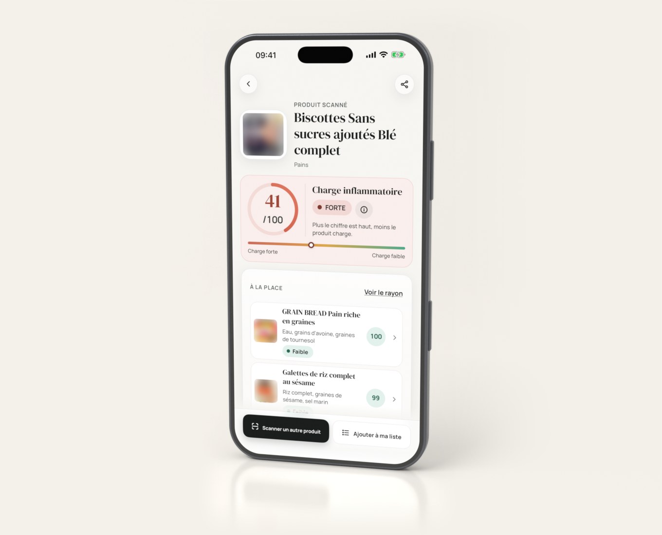 BCH Scan sur un téléphone : des biscottes sans sucres ajoutés à 41 sur 100, charge inflammatoire forte, et à la place deux produits du même rayon à 100 et 99