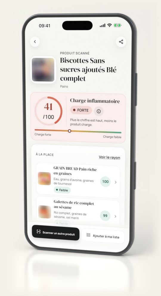 BCH Scan sur un téléphone : des biscottes sans sucres ajoutés à 41 sur 100, charge inflammatoire forte, et à la place deux produits du même rayon à 100 et 99